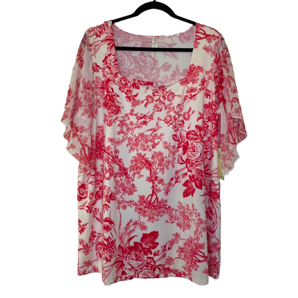Perseption Women's Size 1X Red Cream Floral Square Neck Flutter Sleeves Top NWT